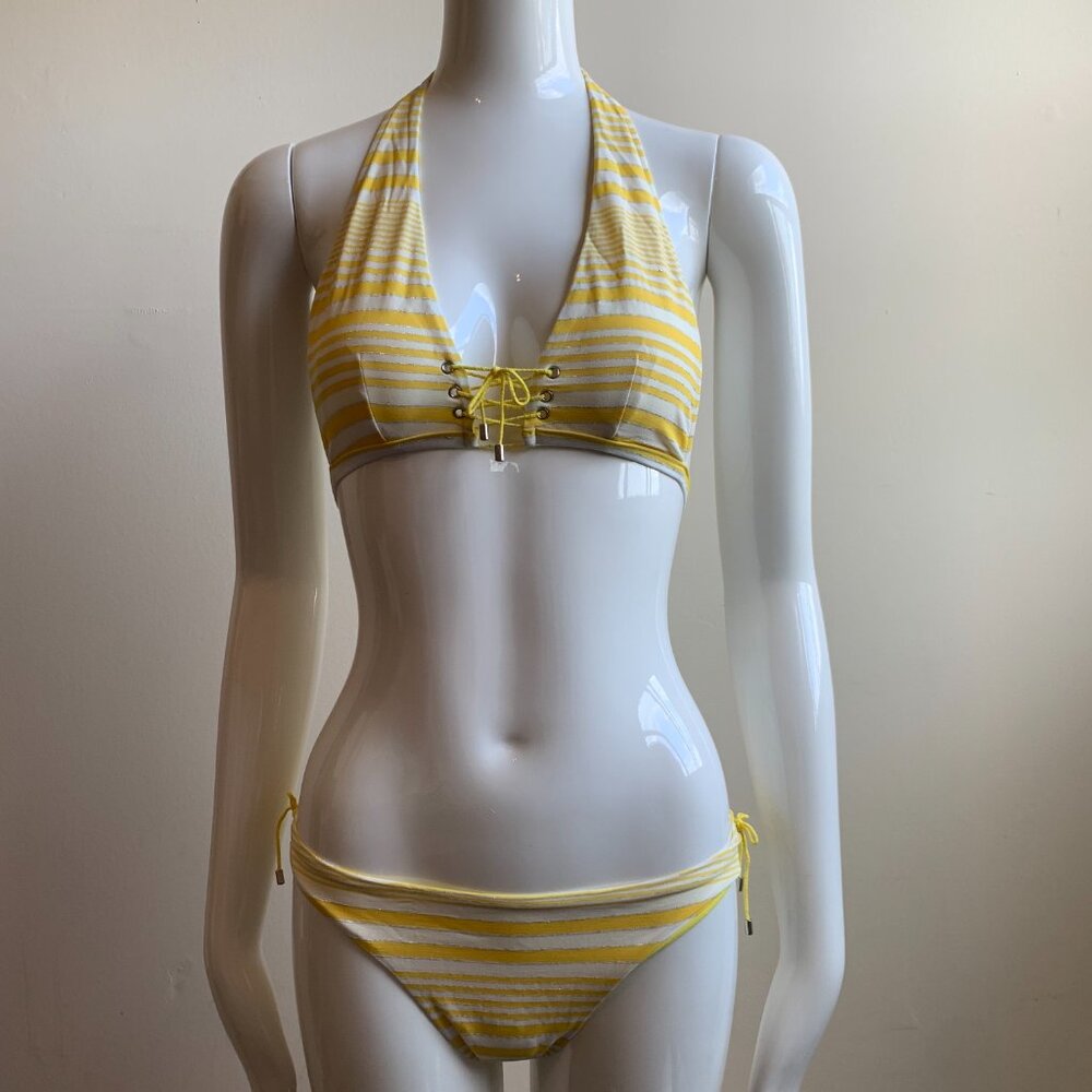 Sauvage yellow silver foil lace up bikini